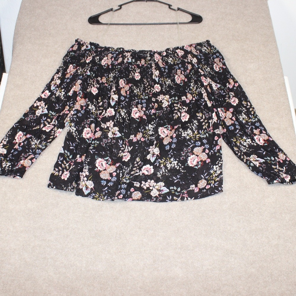 Polly & Esther Floral Off The Shoulder Smocked Blouse Black XL PW21464